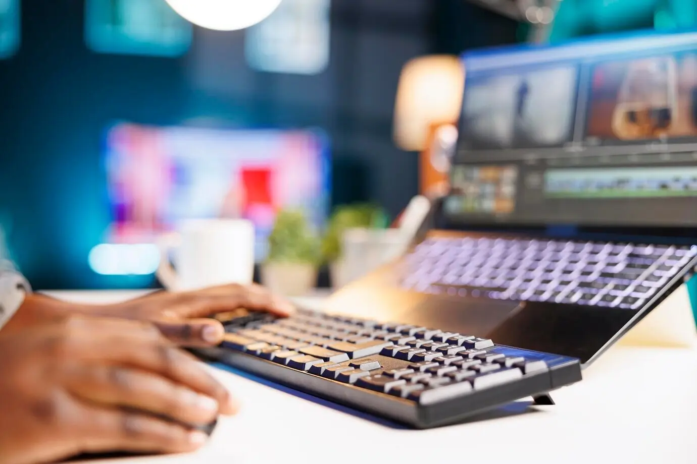 Eine schwarze Person bearbeitet Videomaterial auf einem Laptop.